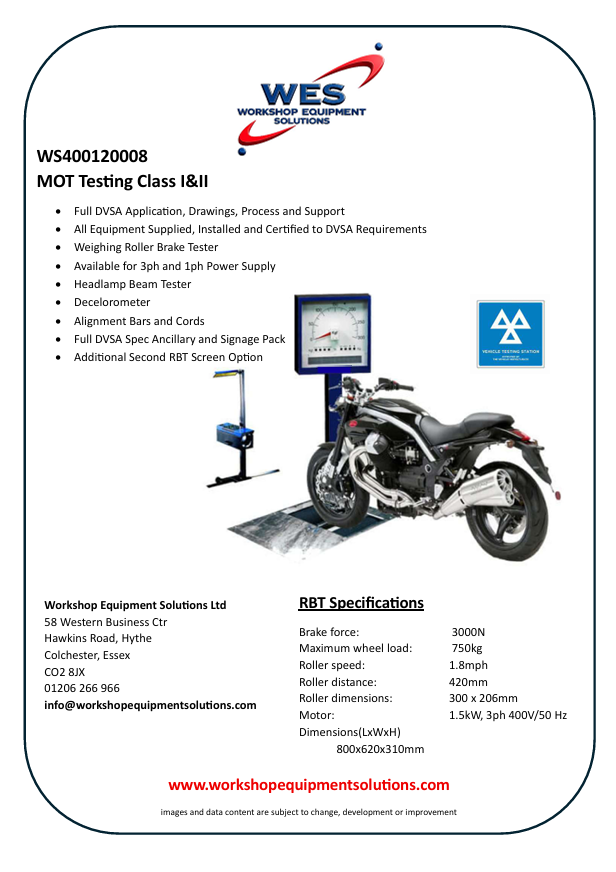 WS400120008 MOT Testing Class I and II package sheet